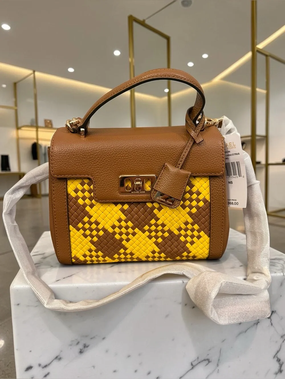 ✨ NWT! Michael Kors Karson Mini Woven Satchel – Brown & Yellow ✨